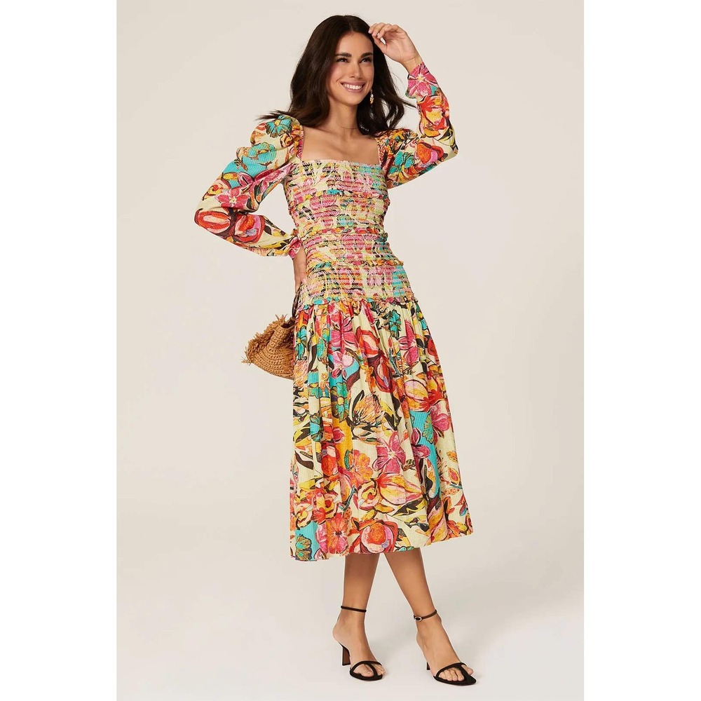 Hemant and Nandita Floral Smocked Midi Dress XL Multicolor Cotton Long Sleeve